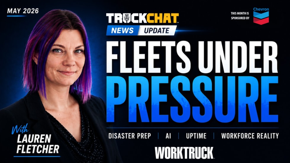 Podcast-style thumbnail featuring Lauren Fletcher with bold text reading “Fleets Under Pressure” alongside themes including disaster preparedness, AI, uptime, and workforce reality on a dark blue modern news-style background.