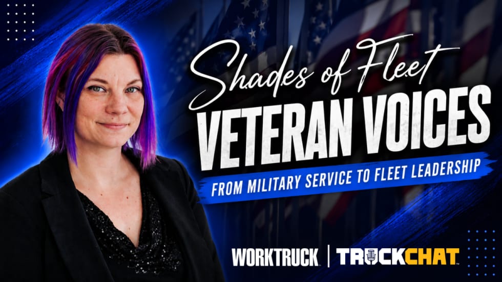 promotional graphic for Shades of Fleet featuring host Lauren Fletcher against an American flag background. Bold text reads "Veteran Voices" and "From Military Service to Fleet Leadership." The image promotes a conversation with fleet professionals about military experience, leadership, teamwork, and transitioning into civilian fleet careers.