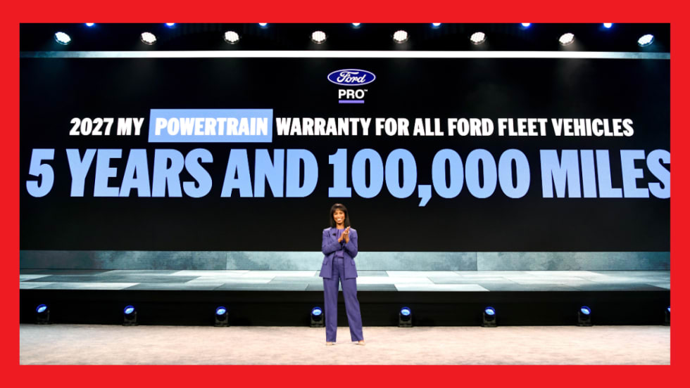Ford Pro President Alicia Boler Davis announces the expansion of Ford Pro's 5-year/100,000-mile Limited Powertrain Warranty to additional 2027 model-year fleet vehicles during the company's Fleet Preview event in Las Vegas.
