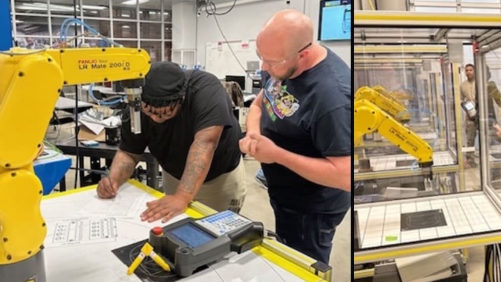 Split image showing hands-on industrial robotics training. On the left, an instructor guides a participant programming a yellow FANUC robotic arm. On the right, two participants operate a robotic system controller beside a safety-enclosed robot cell in a training lab.