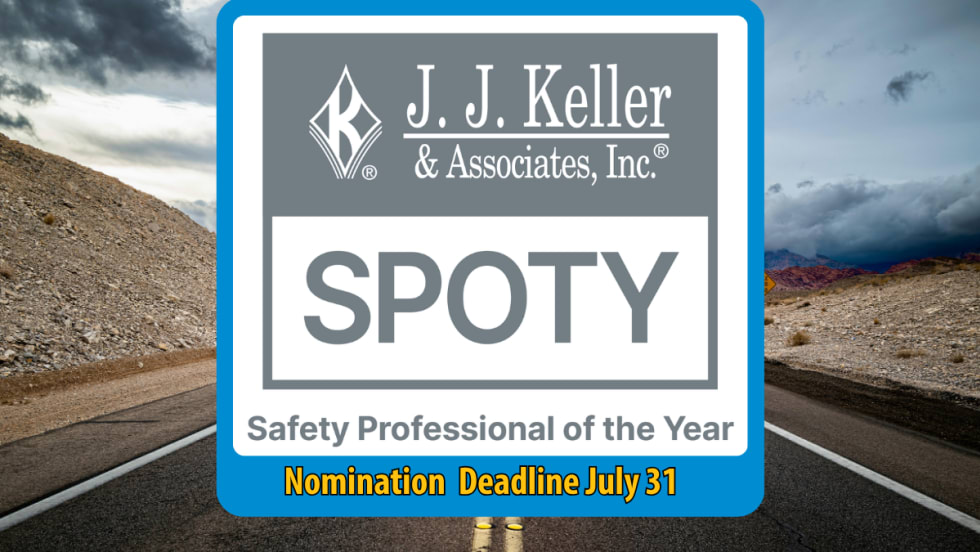 J. J. Keller & Associates, Inc. Safety Professional of the Year award logo, featuring the company name, stylized “K” emblem, and bold “SPOTY” acronym above the title “Safety Professional of the Year.”