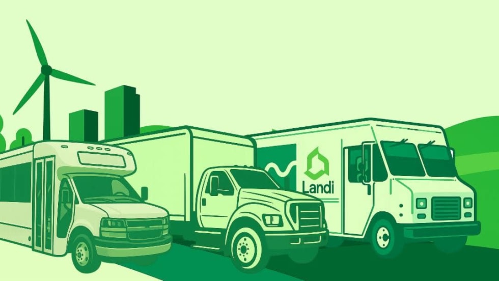 Illustration of alternative-fuel commercial vehicles, including a shuttle bus, pickup truck, and delivery truck branded Landi, set against a green landscape with wind turbines, trees, and city buildings, emphasizing sustainable transportation and clean energy.