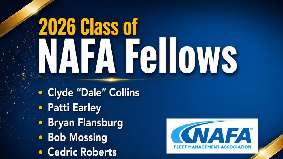 Graphic announcing the 2026 Class of NAFA Fellows, listing honorees Clyde “Dale” Collins, Patti Earley, Bryan Flansburg, Bob Mossing, and Cedric Roberts, with the NAFA Fleet Management Association logo on a blue and gold background.