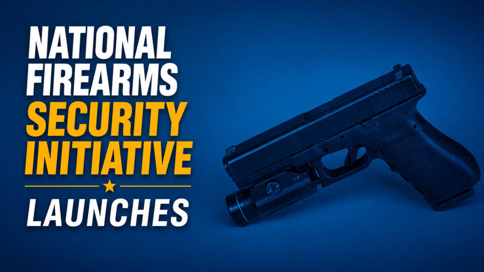 Graphic announcing the launch of the National Firearms Security Initiative, featuring bold white and yellow text alongside a handgun equipped with a mounted weapon light on a blue background.
