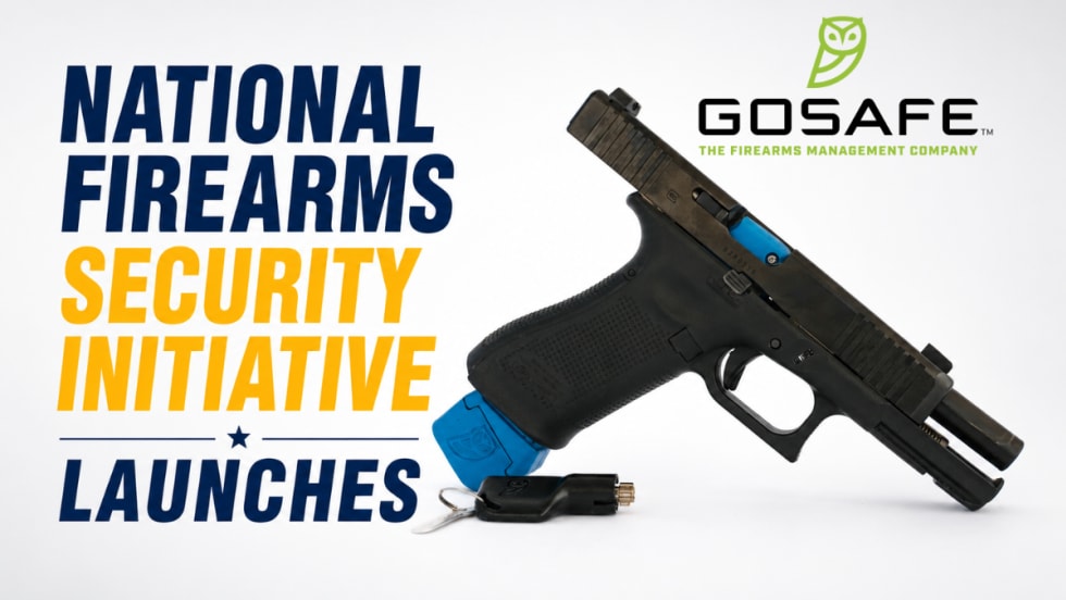 Graphic announcing the launch of the National Firearms Security Initiative, featuring the GoSafe logo, a partially disassembled handgun with blue safety components, and a key device, alongside bold blue and yellow headline text.