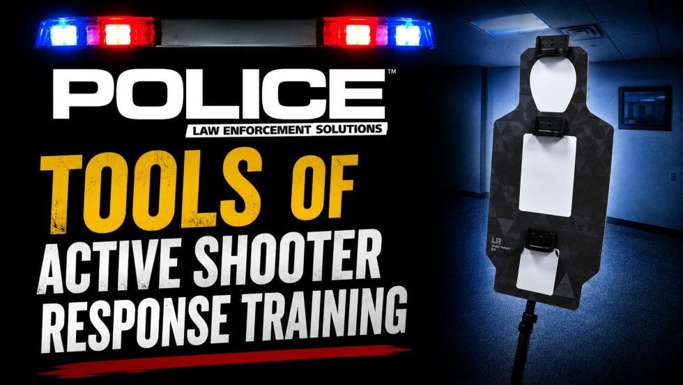 Promotional graphic for Police Magazine YouTube video featuring flashing police lights, a reactive shooting target in a training room, and the headline “Tools of Active Shooter Response Training.”
