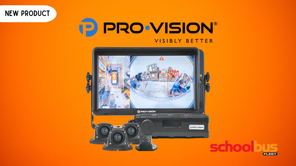 Promotional graphic for a new Pro-Vision AI camera system. The image shows a monitor displaying camera views with AI object detection overlays, along with multiple cameras and recording hardware. Text reads "New Product," "Pro-Vision," and "Visibly Better." School Bus Fleet logo appears in the lower-right corner.