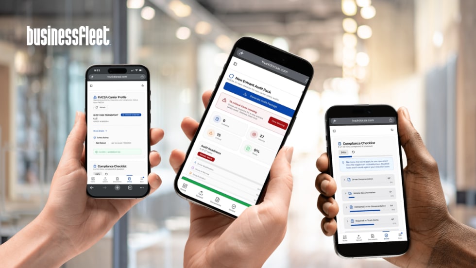 Three smartphones displaying TruckDocsAI's mobile compliance platform, including FMCSA carrier profile information, audit readiness tracking, and compliance checklist tools for owner-operators and small trucking fleets.