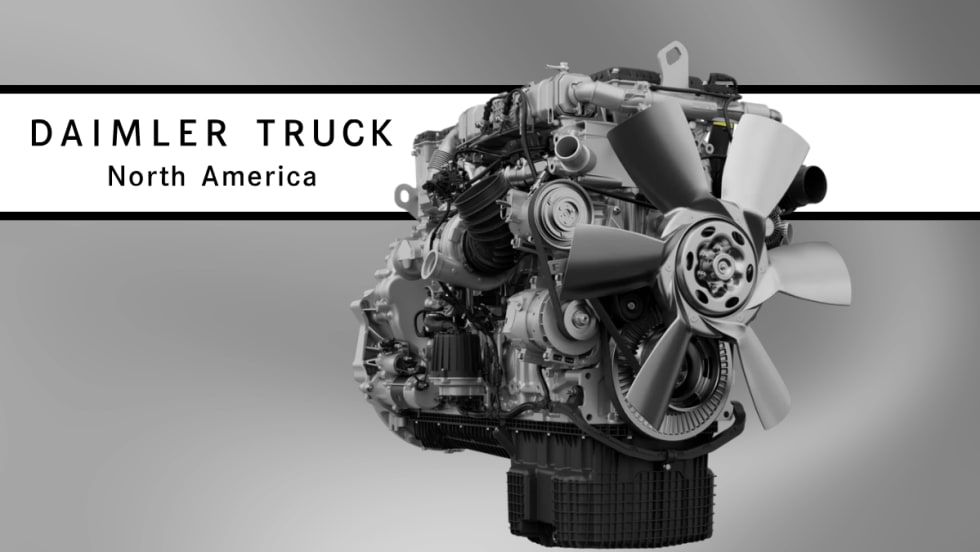 Daimler Truck North America promotional graphic featuring a heavy-duty diesel engine with a large cooling fan on a gray background, alongside the Daimler Truck North America logo and branding.
