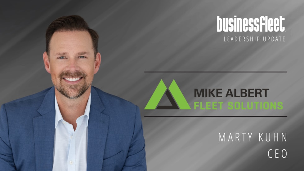 Portrait of Marty Kuhn, newly appointed CEO and president of Mike Albert Fleet Solutions, featured in a Business Fleet leadership update graphic.