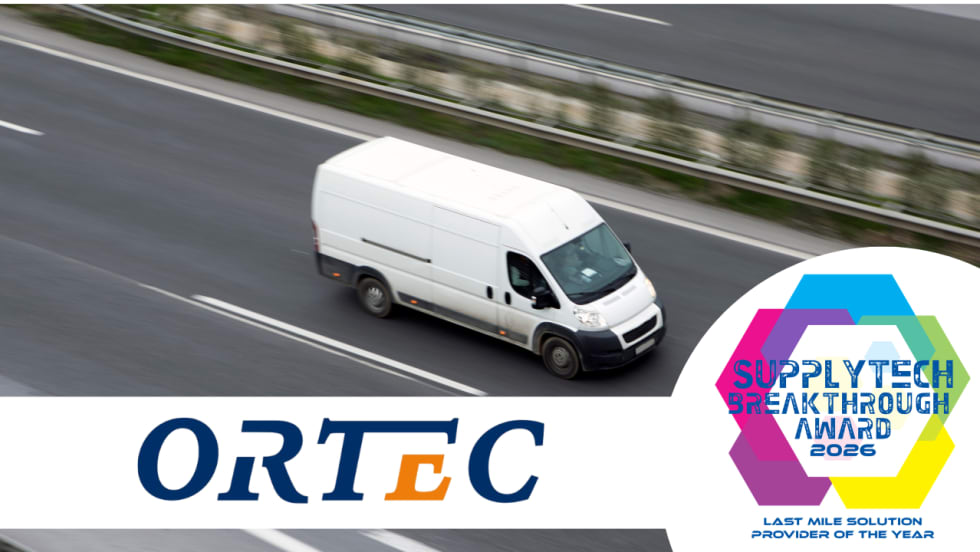 White delivery van traveling on a highway beside ORTEC branding and a “SupplyTech Breakthrough Award 2026” badge recognizing the company as Last Mile Solution Provider of the Year.