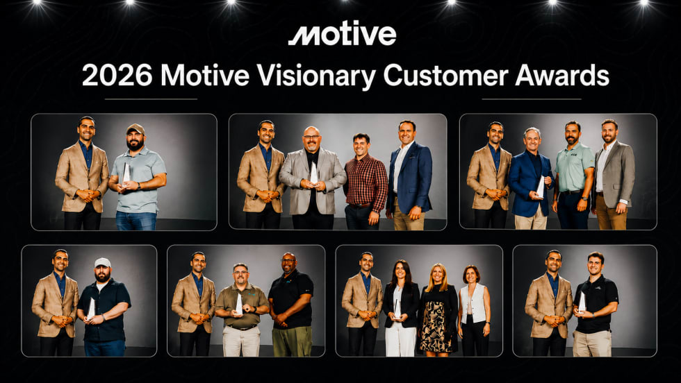 Collage for the 2026 Motive Visionary Customer Awards featuring seven recipient groups posing with awards on stage beneath the Motive logo, recognizing achievements across safety, innovation, transformation, partnerships, and operational excellence.