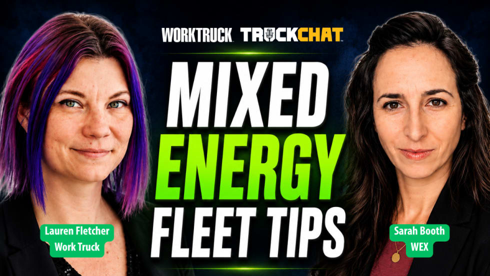 YouTube thumbnail featuring Lauren Fletcher of Work Truck on the left and Sarah Booth of WEX on the right. Large text in the center reads "Mixed Energy Fleet Tips" with "Energy" highlighted in bright green against a dark blue background. Work Truck and TruckChat logos appear at the top, with speaker name labels at the bottom.