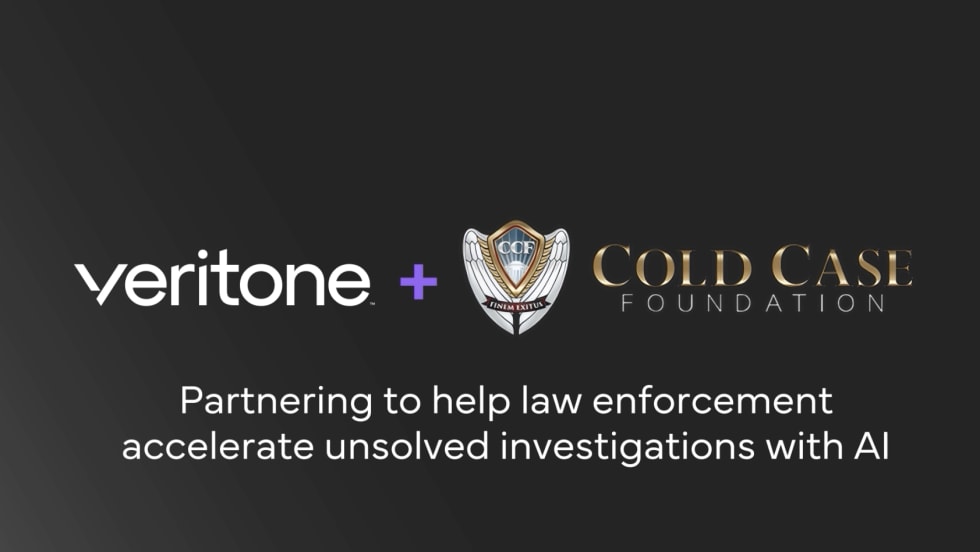 Veritone and Cold Case Foundation announce a partnership to help law enforcement accelerate unsolved criminal investigations using AI, displayed with both organizations’ logos on a dark background.