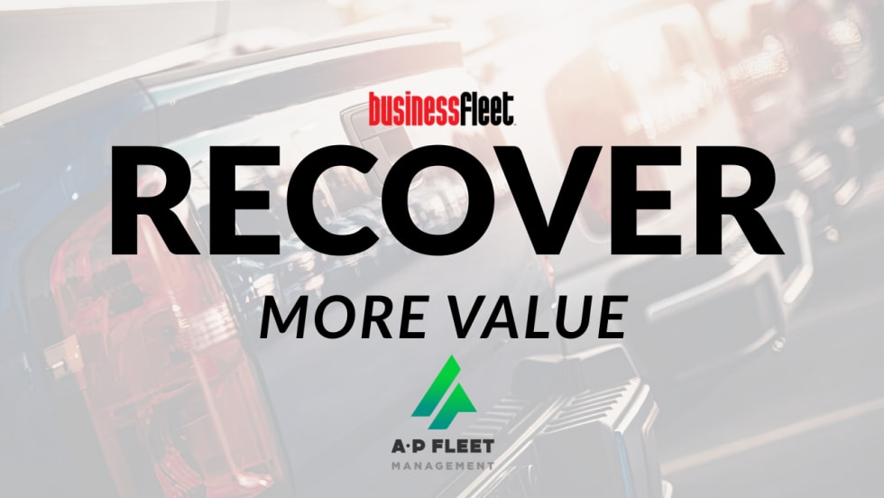 Graphic featuring the Business Fleet logo above the headline "Recover More Value" over a blurred image of commercial pickup trucks parked in a fleet lot. The graphic accompanies a story about AP Fleet Management expanding its vehicle remarketing program to help fleets maximize resale value and simplify the vehicle sales process.