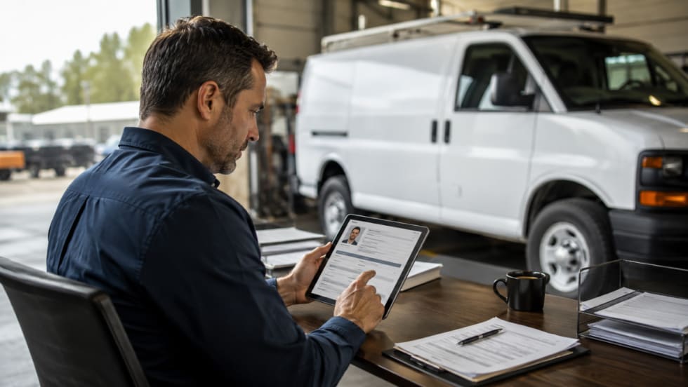 Fleet manager reviews a driver record on a tablet while seated beside a white commercial van in a service facility.