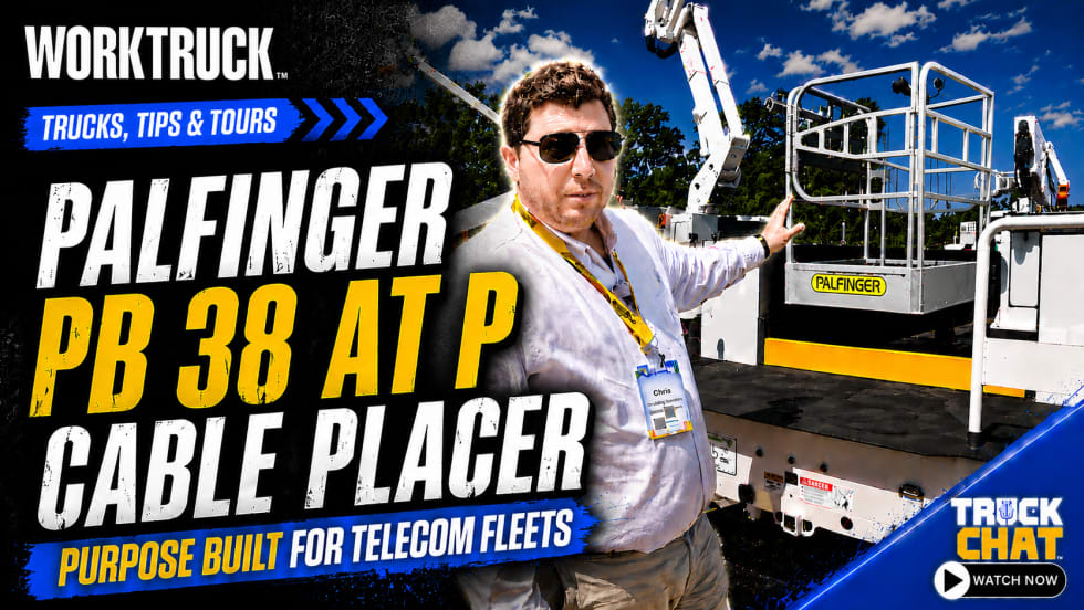 Work Truck “Trucks, Tips & Tours” thumbnail featuring a Palfinger PB 38 AT P cable placer, with a presenter demonstrating the equipment. Headline highlights its purpose-built design for telecom fleets.