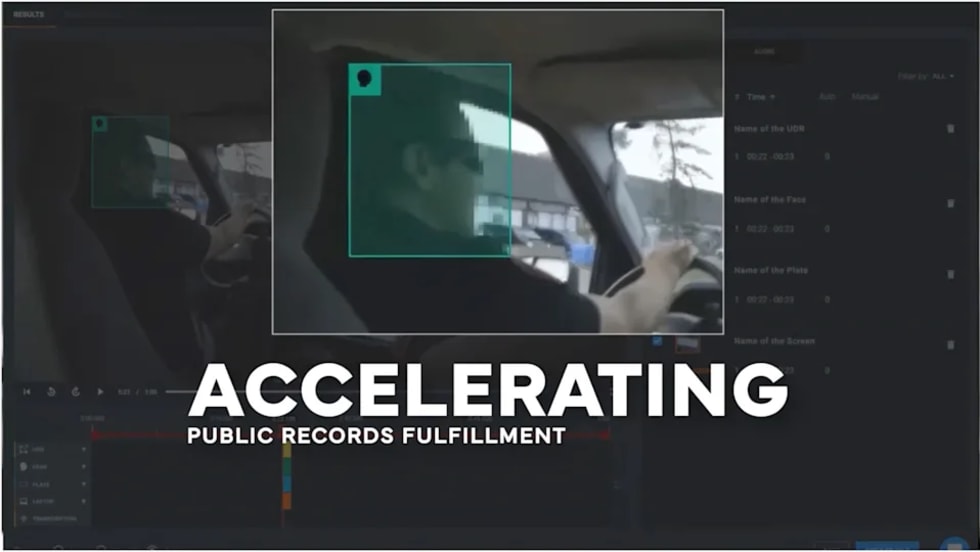 Screenshot of Veritone Redact software automatically detecting and obscuring a driver's face in dashcam video. Headline reads, “Accelerating Public Records Fulfillment,” highlighting AI-powered video redaction for public safety agencies.