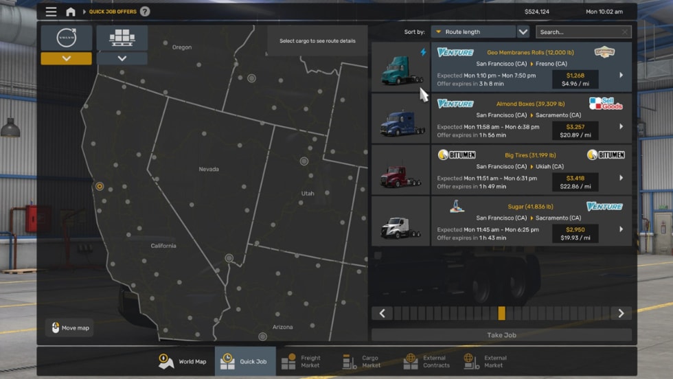 American Truck Simulator quick job screen showing freight options, truck choices, pay, route details, and a western U.S. map.