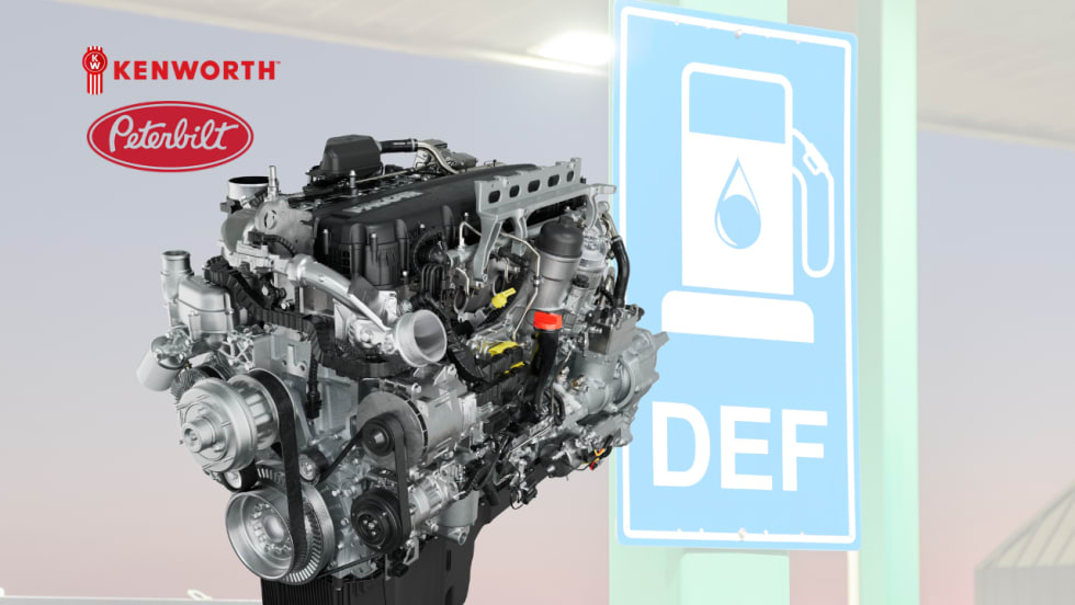 Paccar engine displayed alongside Kenworth and Peterbilt logos and a DEF pump sign, illustrating a software update addressing diesel exhaust fluid (DEF) inducement strategies for select heavy-duty trucks.