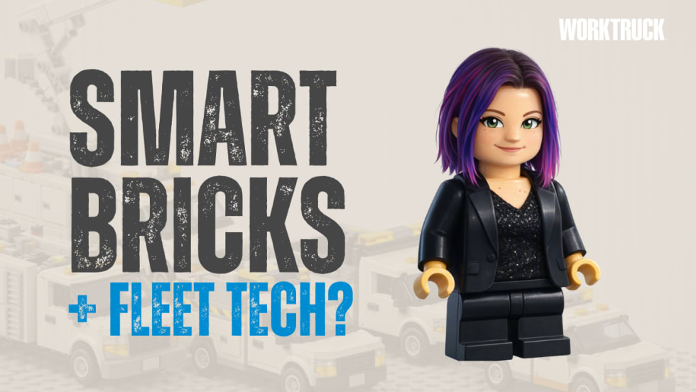 Thumbnail showing a LEGO-style fleet of work trucks and a LEGO-like minifigure with text reading “SMART BRICKS + FLEET TECH?” for a Work Truck blog.