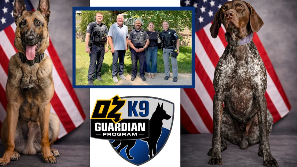 Graphic promoting the OZ K9 Guardian Program, featuring two working dogs, a group of law enforcement officers, and the program logo against American flag backgrounds, highlighting support for police K-9 teams.