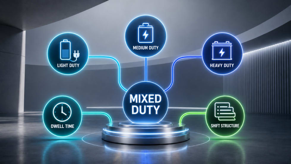 Digital illustration showing light-, medium-, and heavy-duty EV categories connected to a central “Mixed Duty” hub, alongside dwell time and shift structure icons.