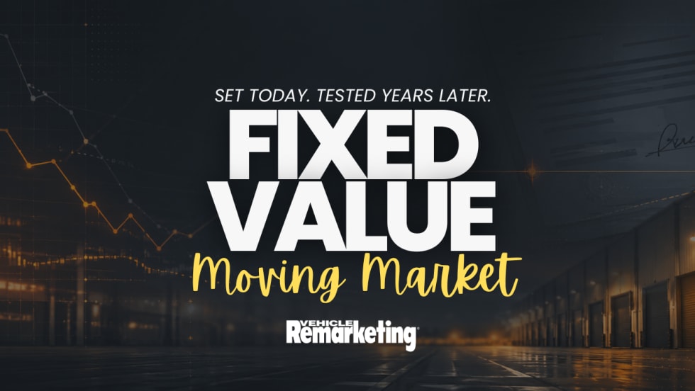 Graphic reading “Set today. Tested years later. Fixed Value, Moving Market” over a dark industrial background with market graphs and the Vehicle Remarketing logo.
