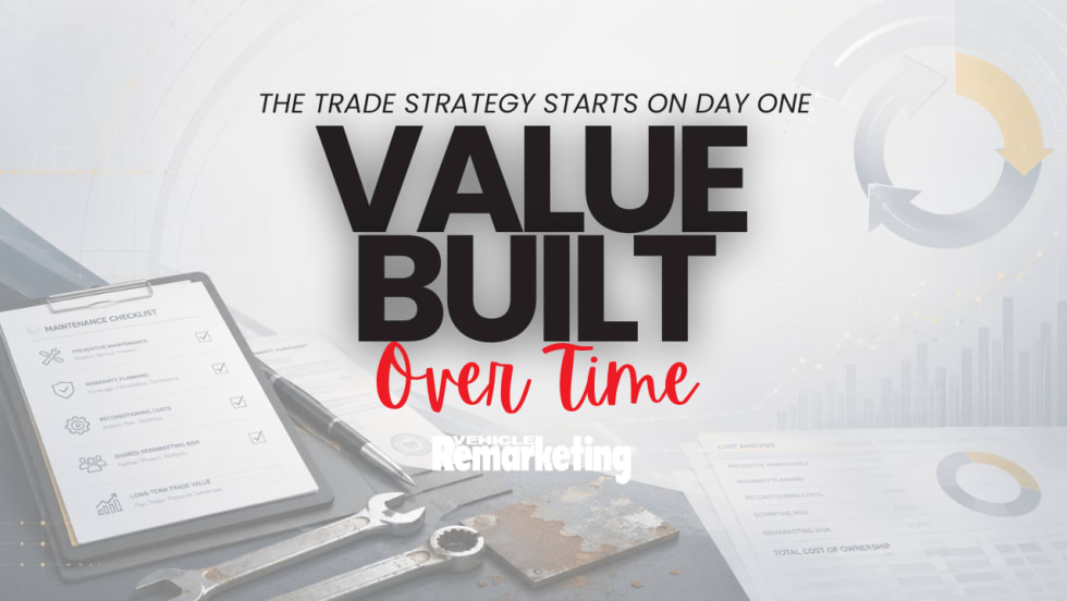 Graphic reading “The trade strategy starts on day one. Value Built Over Time” over a maintenance planning scene with a checklist, tools, lifecycle graphics, and cost-analysis charts.