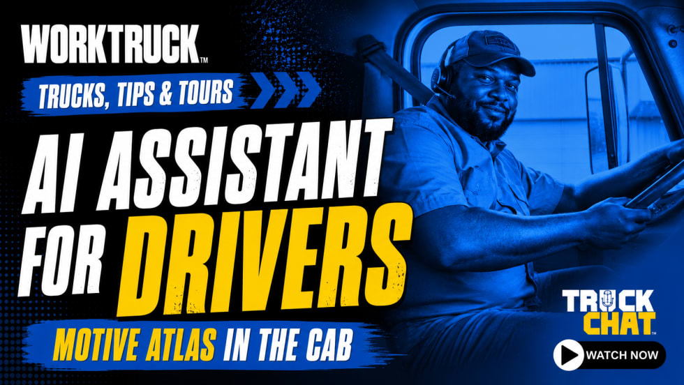 Work Truck Trucks, Tips & Tours YouTube thumbnail promoting Motive Atlas as an AI assistant for drivers, featuring a smiling truck driver wearing a headset in the cab with the headline, “AI Assistant for Drivers,” and a Truck Chat “Watch Now” button.