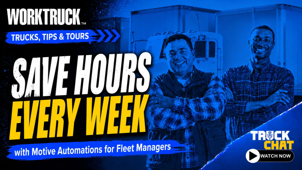Work Truck Trucks, Tips & Tours YouTube thumbnail promoting Motive Automations, featuring two smiling fleet managers with trucks in the background and the headline, “Save Hours Every Week,” plus a Truck Chat “Watch Now” button.
