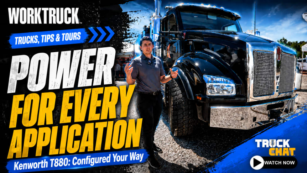 Work Truck Trucks, Tips & Tours YouTube thumbnail featuring a presenter beside a Kenworth T880 vocational truck with the headline, “Power for Every Application,” plus the subhead, “Kenworth T880: Configured Your Way,” and a Truck Chat Watch Now button.