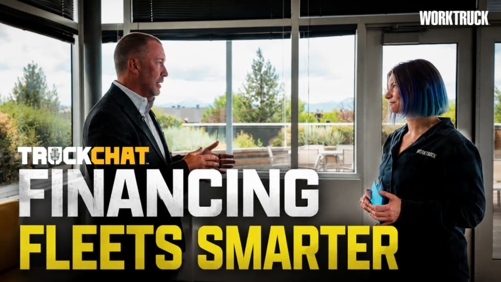 Video thumbnail showing Alex Coveney and Lauren Fletcher discussing fleet strategy beside the words “Financing Fleets Smarter,” with TruckChat and Work Truck branding.