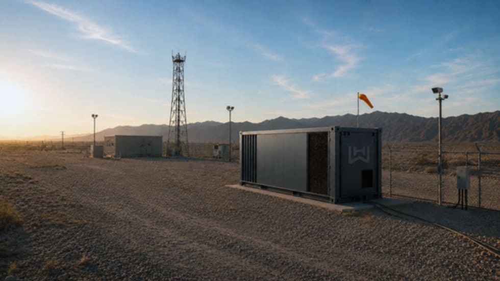 Battery energy storage system installed at a remote communications site, with a cellular tower, utility buildings, fencing, and desert mountains in the background, illustrating off-grid or backup power infrastructure.