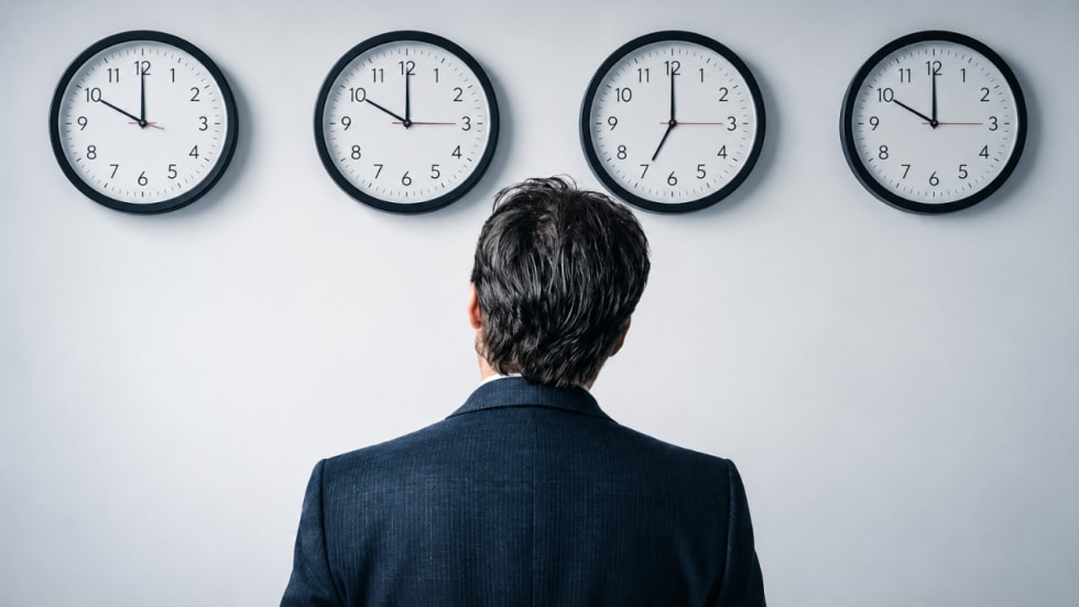 A fleet manager viewed from behind looks up at four wall clocks, representing the time pressures and operational costs associated with vehicle downtime.