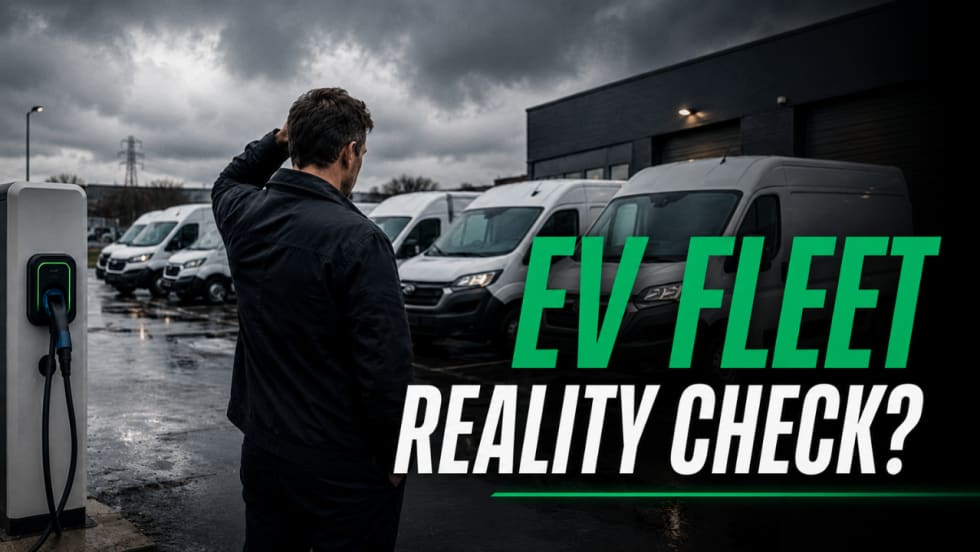 Fleet manager stands near an EV charging station and looks toward a row of white cargo vans in a rainy fleet yard. Text reads “EV Fleet Reality Check?”