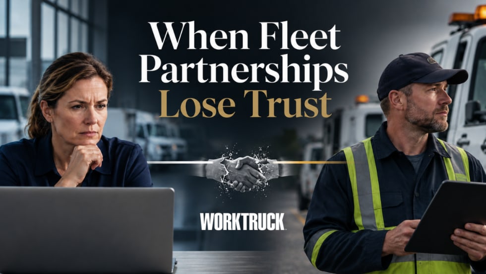 A fleet manager at a laptop and a roadside service technician stand on opposite sides of a fading handshake, illustrating the gradual loss of trust in a fleet service partnership.