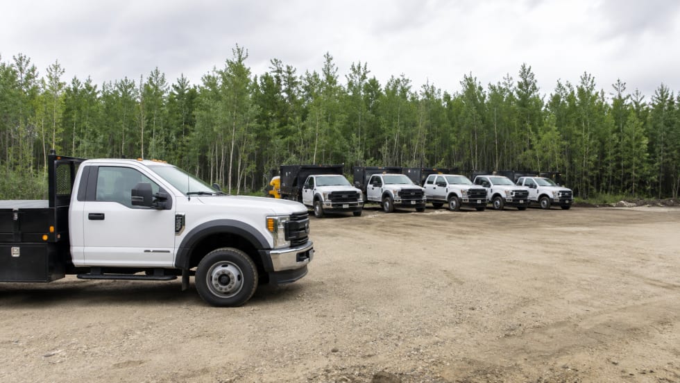 Row of white work trucks with black utility bodies parked on a gravel lot beside a tree line under an overcast sky.