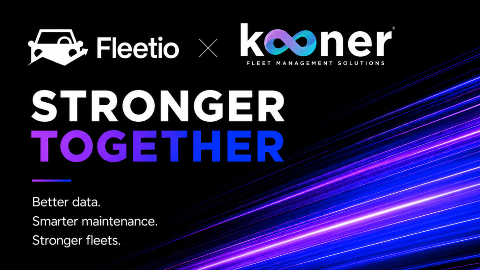 Graphic announcing a Fleetio and Kooner Fleet Management Solutions partnership with the headline “Stronger Together” and the message: “Better data. Smarter maintenance. Stronger fleets,” over a black background with purple and blue light streaks.