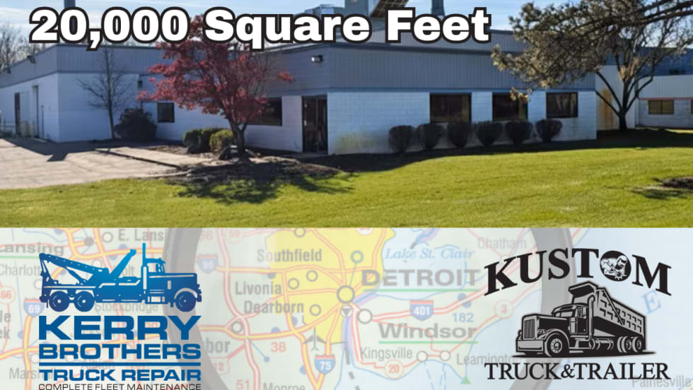 Graphic highlighting Kerry Brothers Truck Repair’s 20,000-square-foot facility, featuring a building photo, Detroit-area map, and Kerry Brothers Truck Repair and Kustom Truck & Trailer logos.