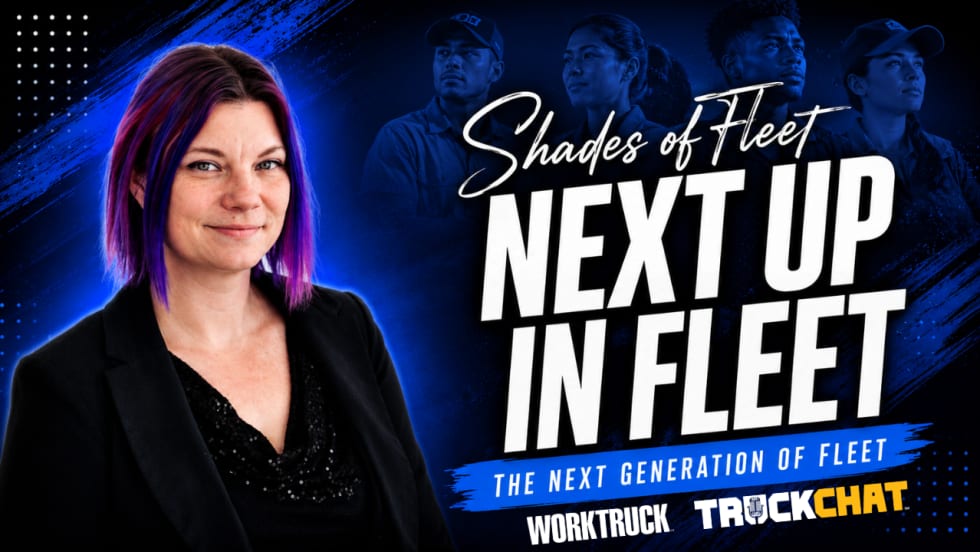Lauren Fletcher stands against a blue-and-black background with emerging fleet professionals behind her. Text reads “Shades of Fleet: Next Up in Fleet” and “The Next Generation of Fleet.”