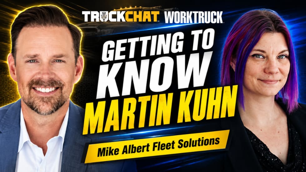 Work Truck video thumbnail featuring Lauren Fletcher and Martin Kuhn with blue and yellow accents and the text “Getting to Know Martin Kuhn, Mike Albert Fleet Solutions.”