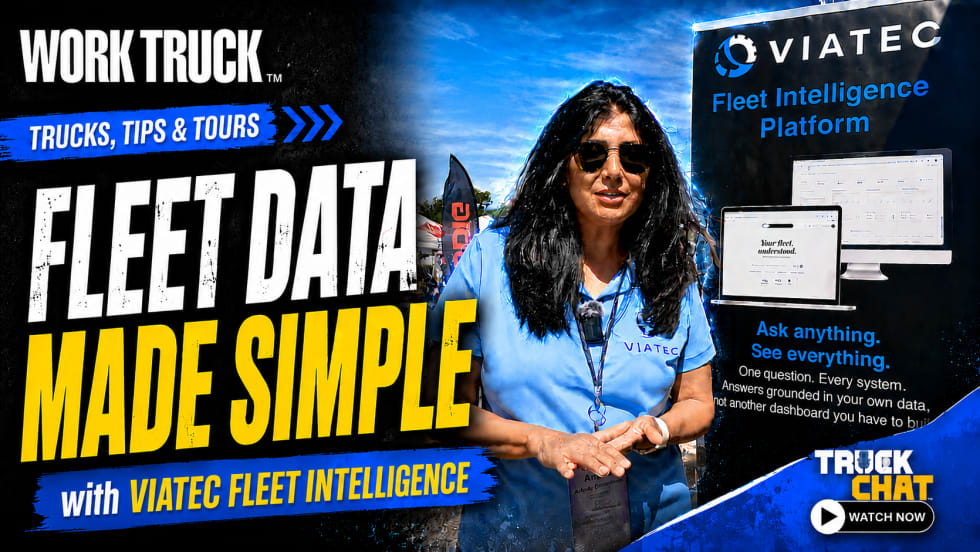 Work Truck Trucks, Tips & Tours YouTube thumbnail featuring a Viatec representative and Fleet Intelligence Platform display with the headline, “Fleet Data Made Simple,” promoting Viatec’s fleet management and analytics technology.