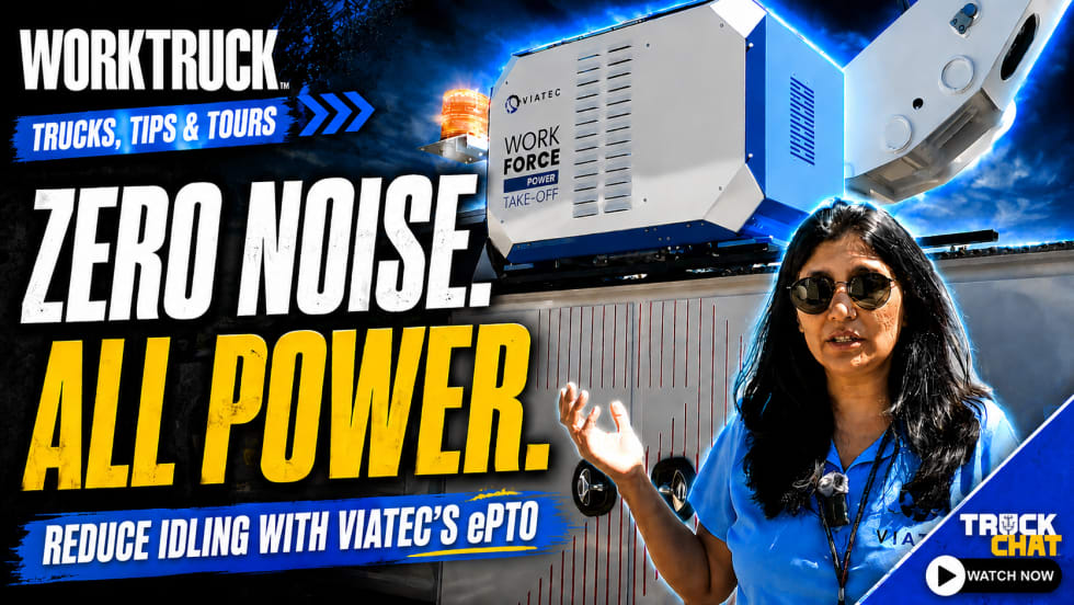 Work Truck Trucks, Tips & Tours YouTube thumbnail featuring a Viatec WorkForce ePTO system and presenter with the headline, “Zero Noise. All Power.” promoting reduced idling with Viatec’s electric power take-off technology.