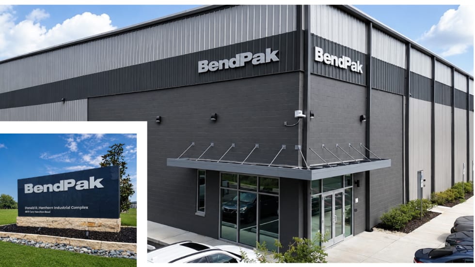 Aerial view of BendPak’s modern industrial facility with prominent BendPak signage and glass entrance, alongside an inset photo of the BendPak monument sign at the Donald R. Henthorn Industrial Complex in Hamilton, Ohio.