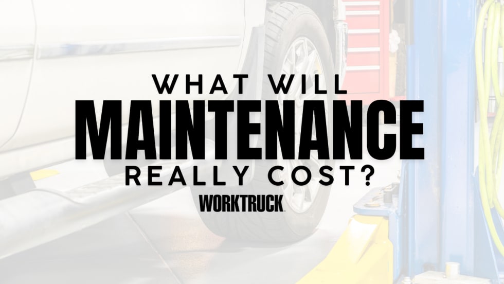 Work Truck graphic asking, “What will maintenance really cost?” over a faded image of a pickup truck on a service lift.