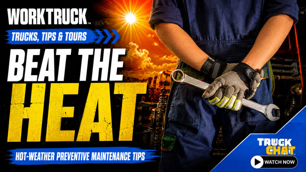 Work Truck Trucks, Tips & Tours YouTube thumbnail promoting hot-weather preventive maintenance tips, featuring a technician holding a large wrench behind their back against a blazing sun, with a Truck Chat “Watch Now” button.