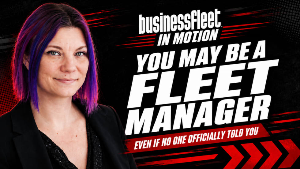 Lauren Fletcher appears alongside bold Business Fleet In Motion text reading, “You May Be a Fleet Manager,” against a black, red, and gray graphic background.