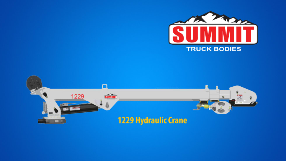 White truck crane against a blue background with logo for Summit Truck Bodies and headline 1229 Hydraulic Crane.