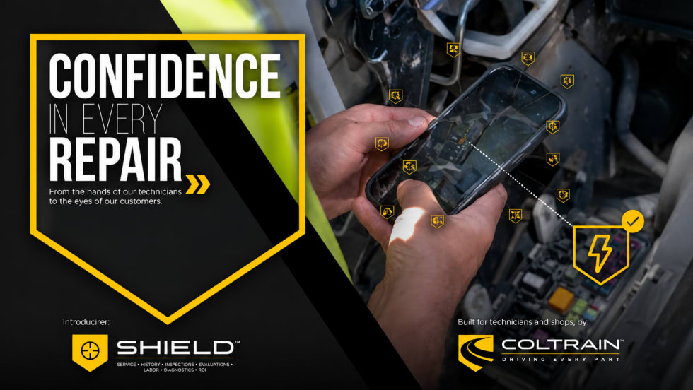 Promotional graphic for Coltrain SHIELD showing a technician using a smartphone during vehicle repair, with the headline “Confidence in Every Repair” and icons representing service, inspections, diagnostics, history, labor, and evaluations.